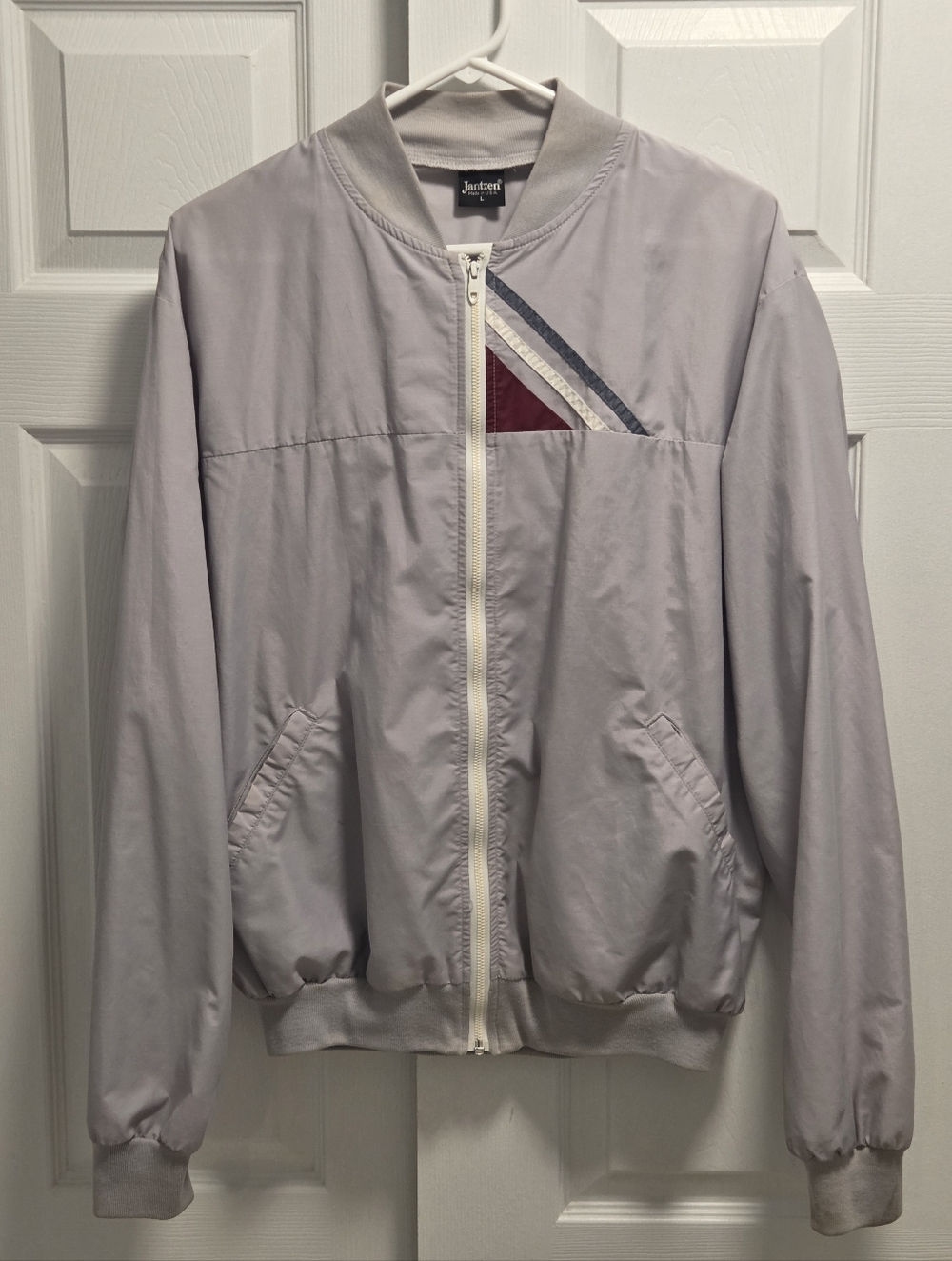 Vintage 80s 90s Jantzen Light Gray Jacket with Navy and Maroon Stripe Size Large